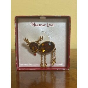 Macys Holiday Lane Rudolph Red Nose Reindeer Brooch Gold Tone Amber Crystal Pin